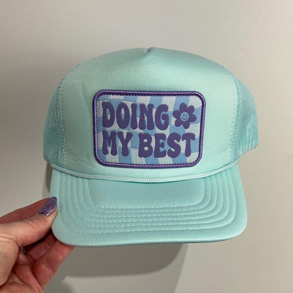 Light Blue Trucker Hat with Doing My Best Logo. OS